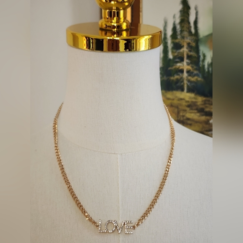 Gold Tone LOVE Pendant Necklace Minimalist Layering Chain